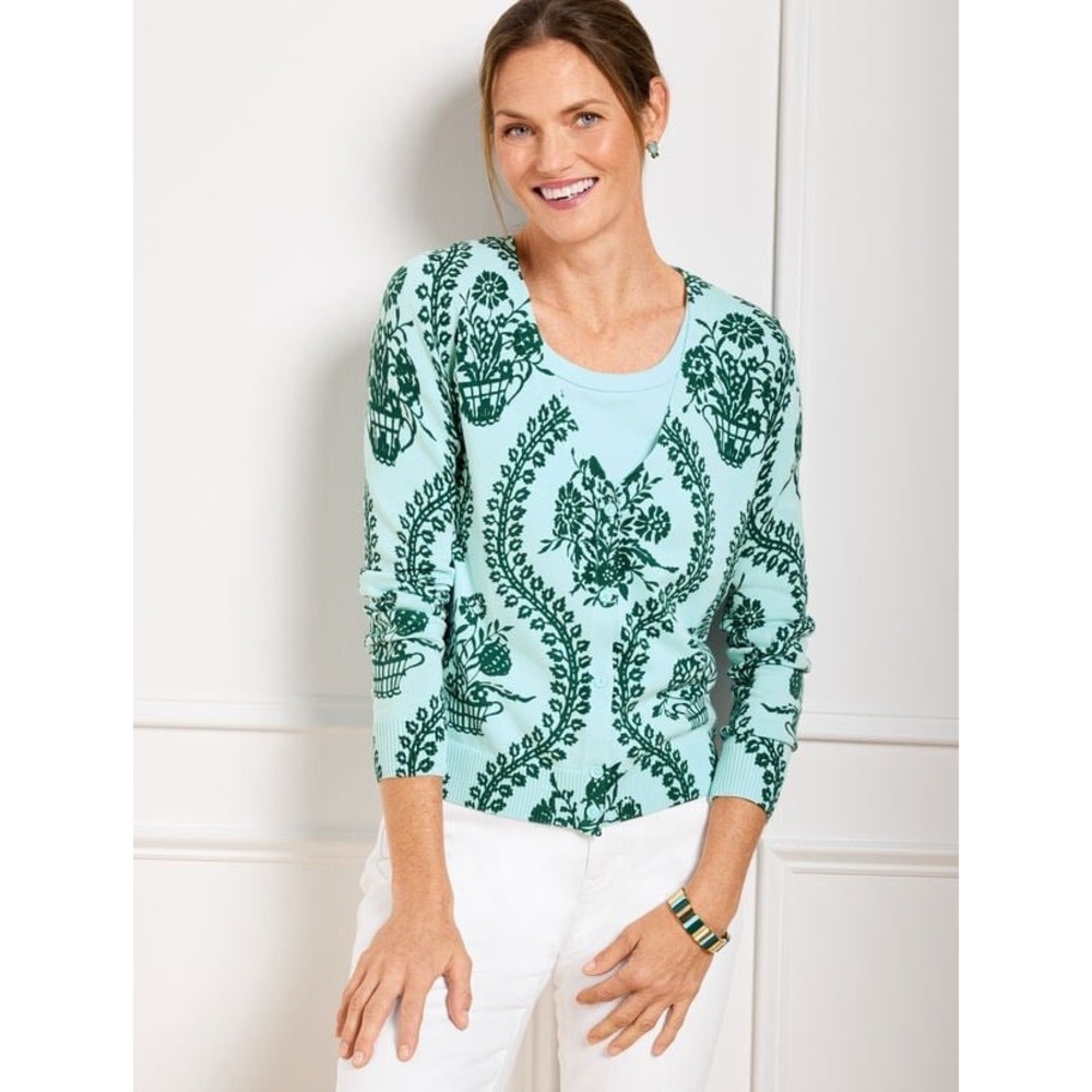 Talbots Petite‎ Blue Green Floral Garden Print Button Front Cardigan Sweater P